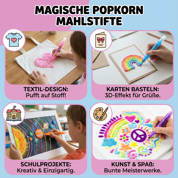 Geschenkidee: Magische Popcorn Malstifte; Kinder kreieren aufregende 3D-Kunstwerke mit Textur-Effekt & Spaß.