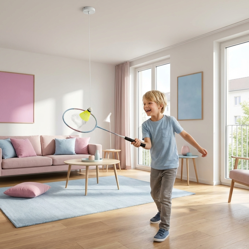 Indoor Federball Set für die Familie: Zwei Schläger, ein weicher Ball für sicheren Spielspaß zuhause.