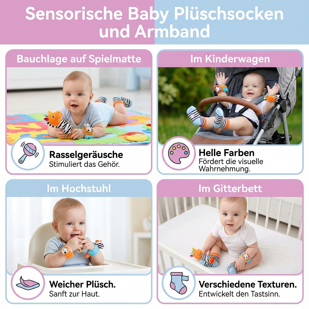 Interaktives Babyspielzeug: Sensorische Socken & Armbänder mit integrierten Rasseln zur Sinnesförderung.
