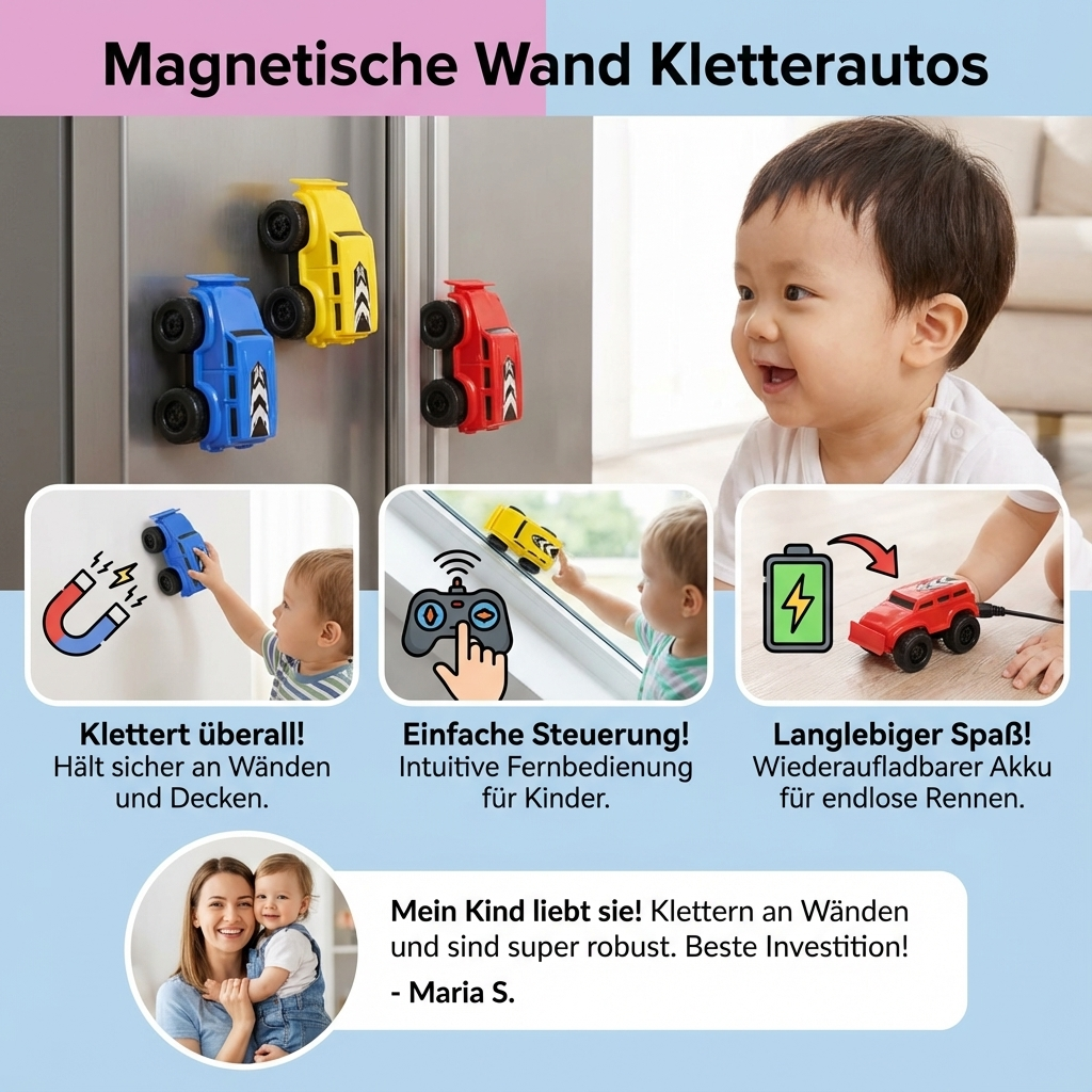 Blaues Magnetauto fährt an der Wand. Aufregendes Wandkletterauto als Kinderspielzeug. Ultimativer vertikaler Fahrspaß.