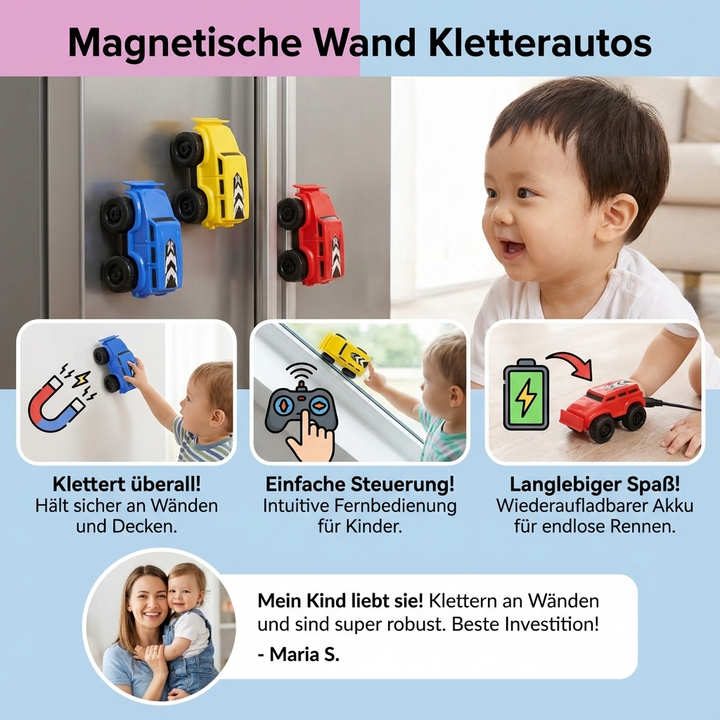 Blaues Magnetauto fährt an der Wand. Aufregendes Wandkletterauto als Kinderspielzeug. Ultimativer vertikaler Fahrspaß.