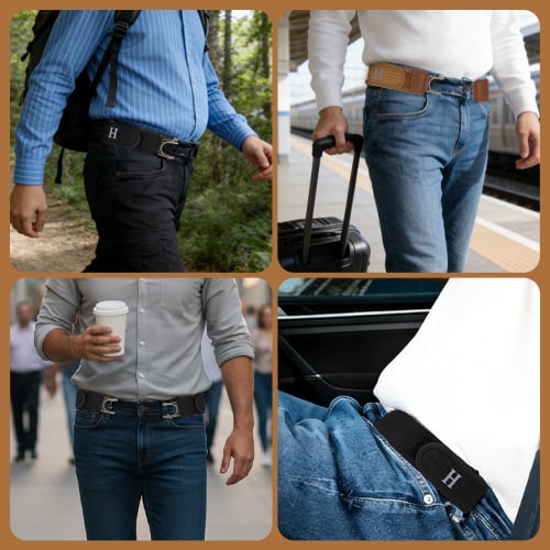 Brauner elastischer Komfortgürtel, schnallenlos, unisex, verstellbar für nahtloses Tragen.