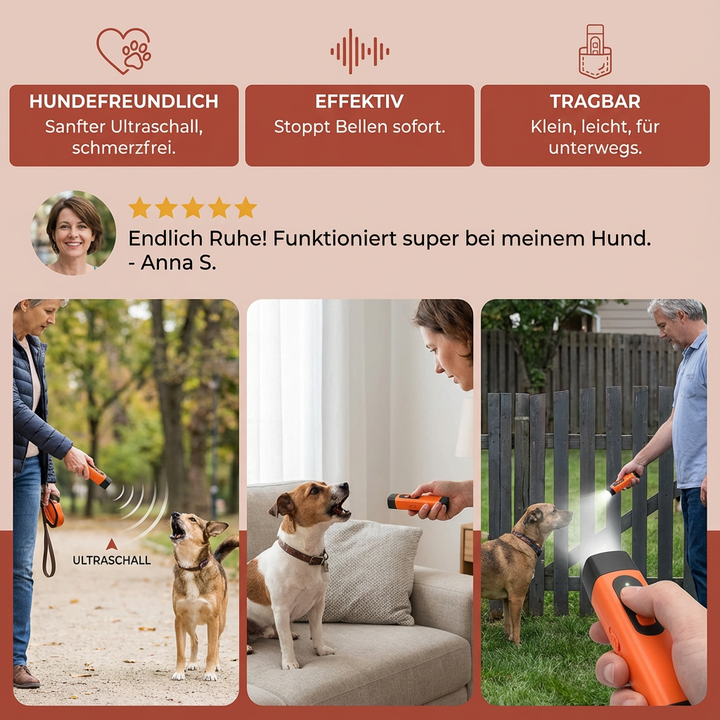 Modernes Ultraschallgerät für Hunde zur effektiven Anti-Bell-Erziehung. Diskret im Raum platziert für mehr Ruhe und Training.