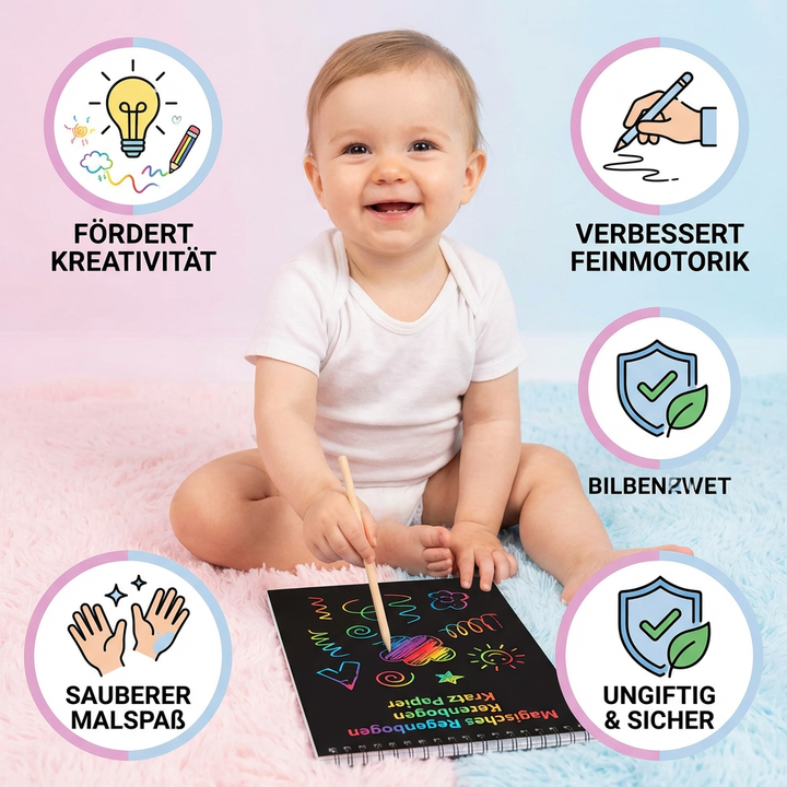 Erwachsener entspannt beim Kratzbild-Malen mit Regenbogen Kratzpapier, ideal für Anti-Stress & Kunst.