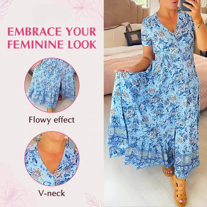 Luftiges Maxikleid für Damen, V-Ausschnitt, ideal für entspannte Stunden im Garten oder am Pool.