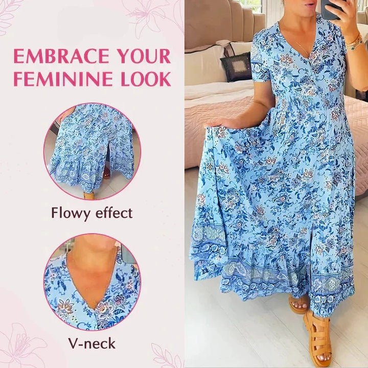 Luftiges Maxikleid für Damen, V-Ausschnitt, ideal für entspannte Stunden im Garten oder am Pool.