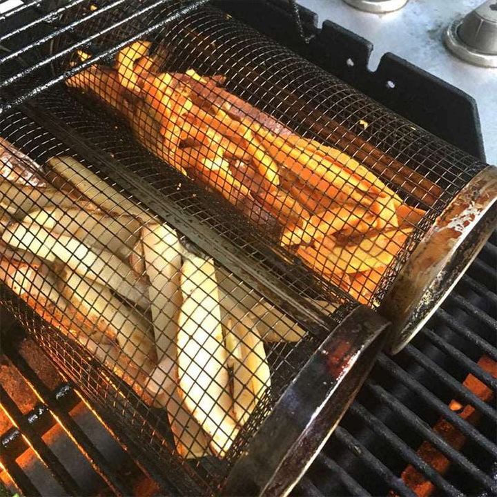 Gleichmäßig gegartes Gemüse & Fleisch mit diesem drehbaren Edelstahl Grillkorb. Unverzichtbares BBQ-Zubehör.