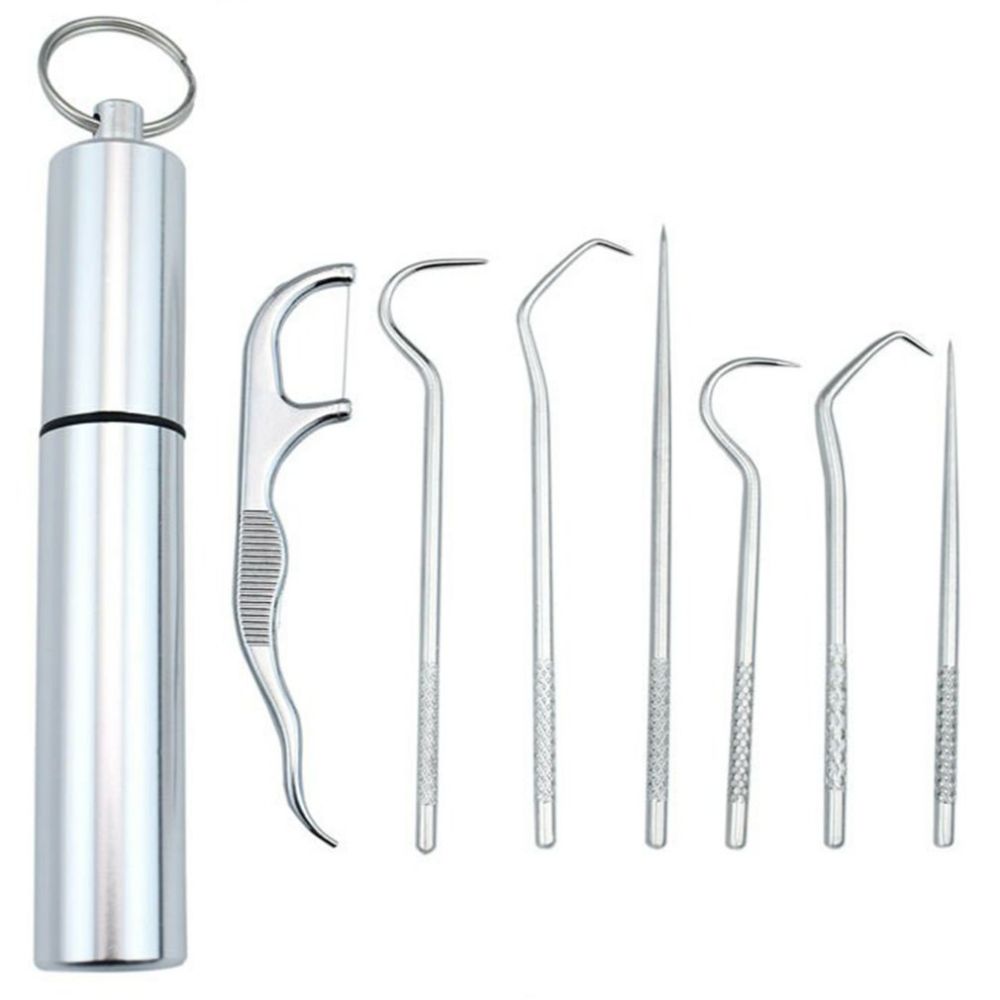 7-teiliges Edelstahl Zahnstocher Set für Mundhygiene, ideal für frischen Atem unterwegs.