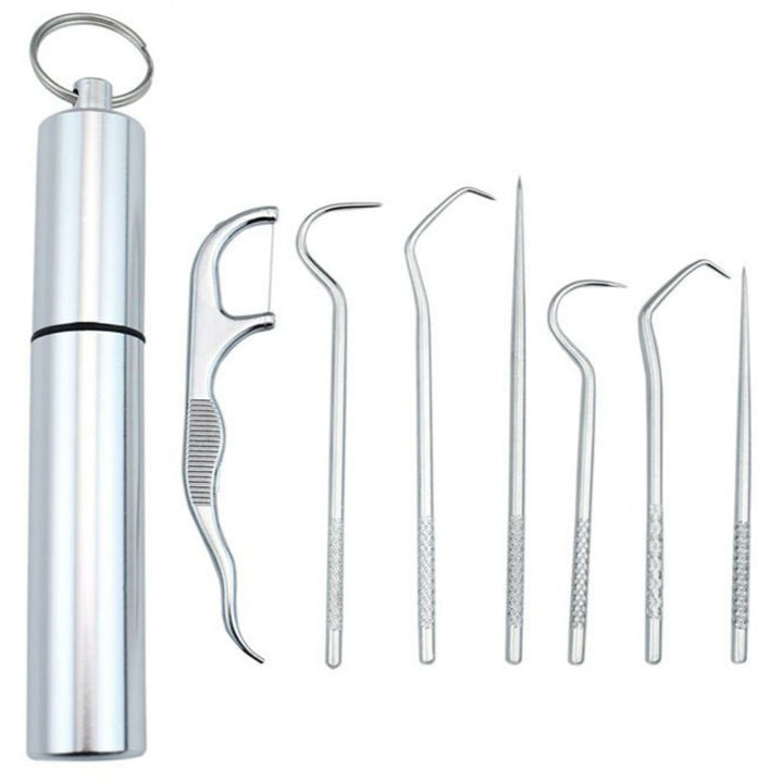 Für Camping & Reisen: Hygienisches 7-teiliges Edelstahl Zahnstocher Set für Mundhygiene und frischen Atem.