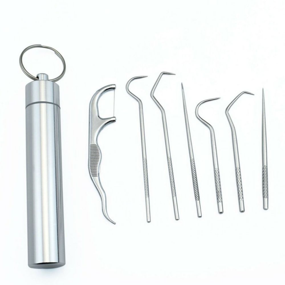Komplettes Edelstahl Zahnstocher Set (7-teilig) für Mundhygiene, tragbar und immer dabei.