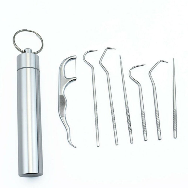 Komplettes Edelstahl Zahnstocher Set (7-teilig) für Mundhygiene, tragbar und immer dabei.