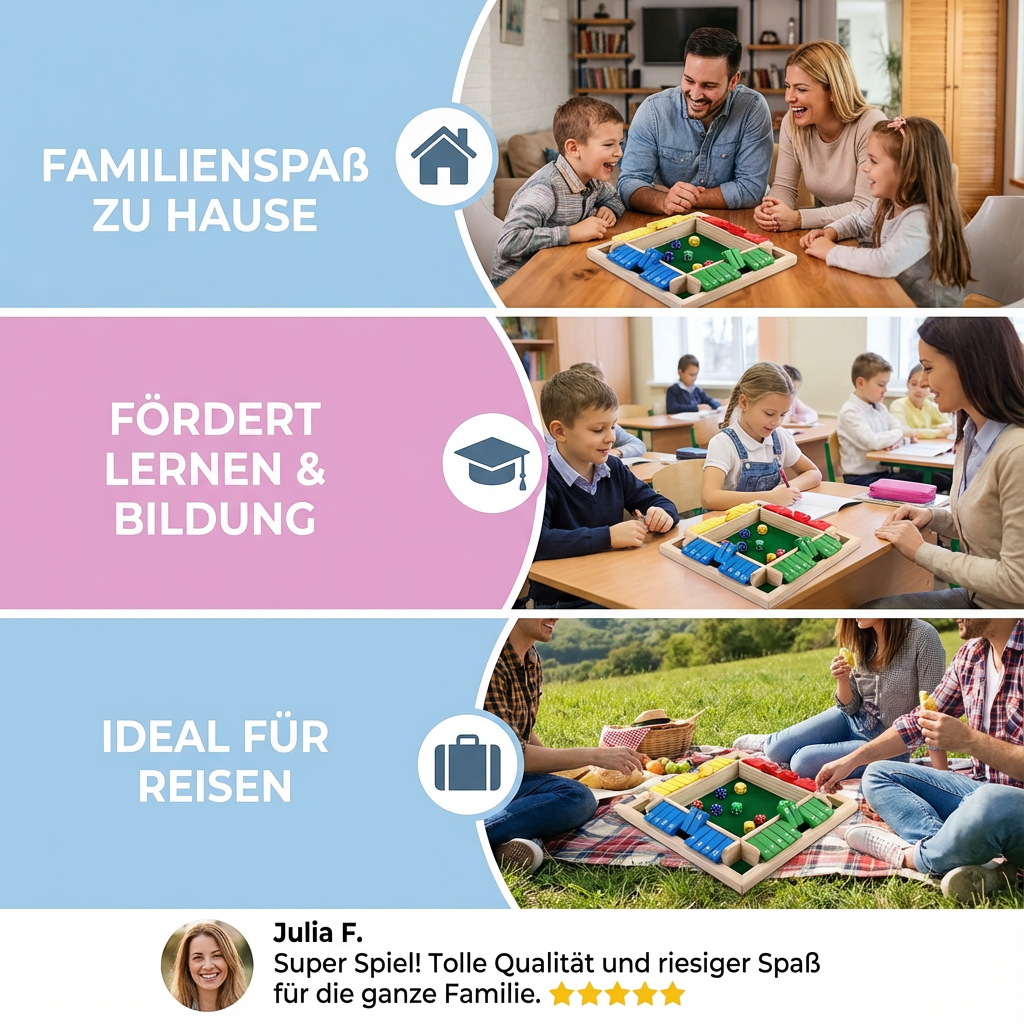 Kompaktes Holzspiel Klappenspiel, perfektes Reisespiel & Würfelspiel für 4 Spieler, stundenlanger Spaß.