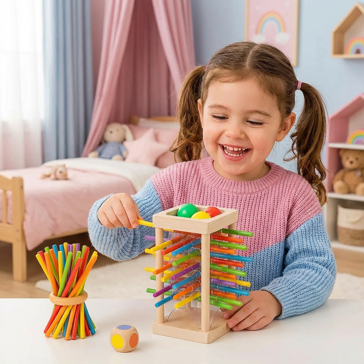 Pädagogisches 3in1 Holz Geschicklichkeitsspiel für Kinder, fördert Feinmotorik, Konzentration und Farbenlernen.