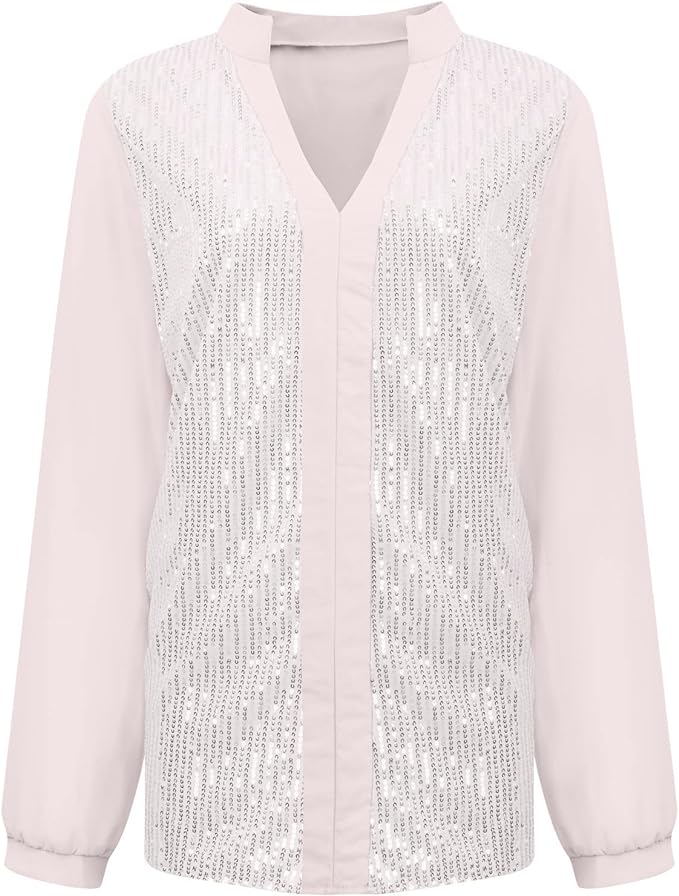 Glamouröse Langarm-Paillettenbluse für Damen in Übergröße, V-Ausschnitt, funkelnder Party-Look.