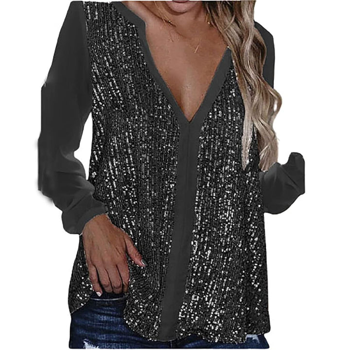 Modische Damen Übergrößen Paillettenbluse mit V-Ausschnitt, langarm, eleganter Party-Stil.