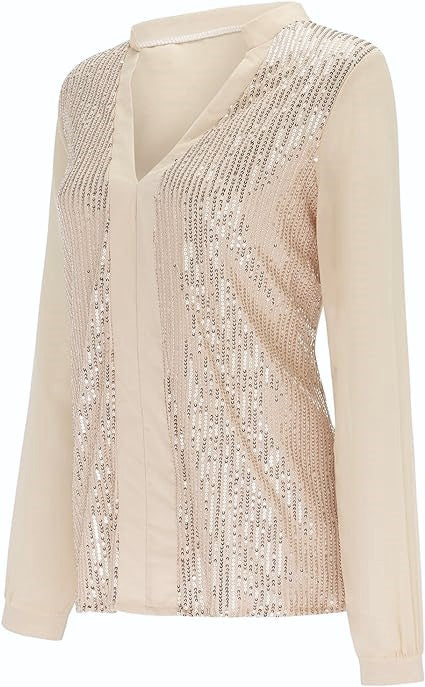 Moderne Damenbluse Übergröße, V-Ausschnitt, Paillettenbesatz, langärmlig, festliche Damenmode.