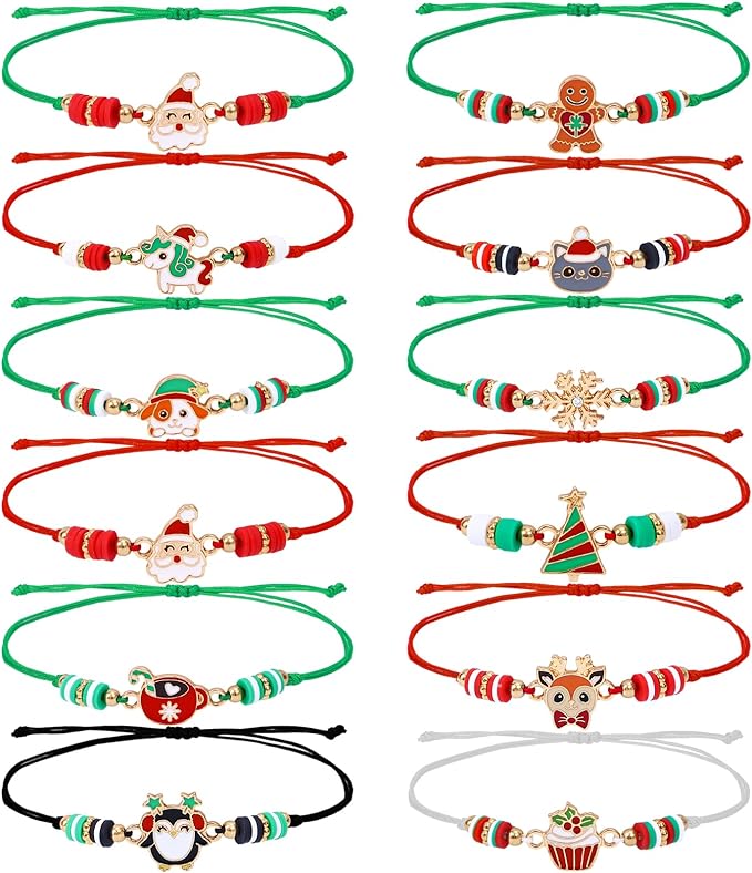 Unisex Winterwunder Kordel Armband Set (12 Stück). Festlicher Weihnachtsschmuck mit verschiedenen Charms, verstellbar.