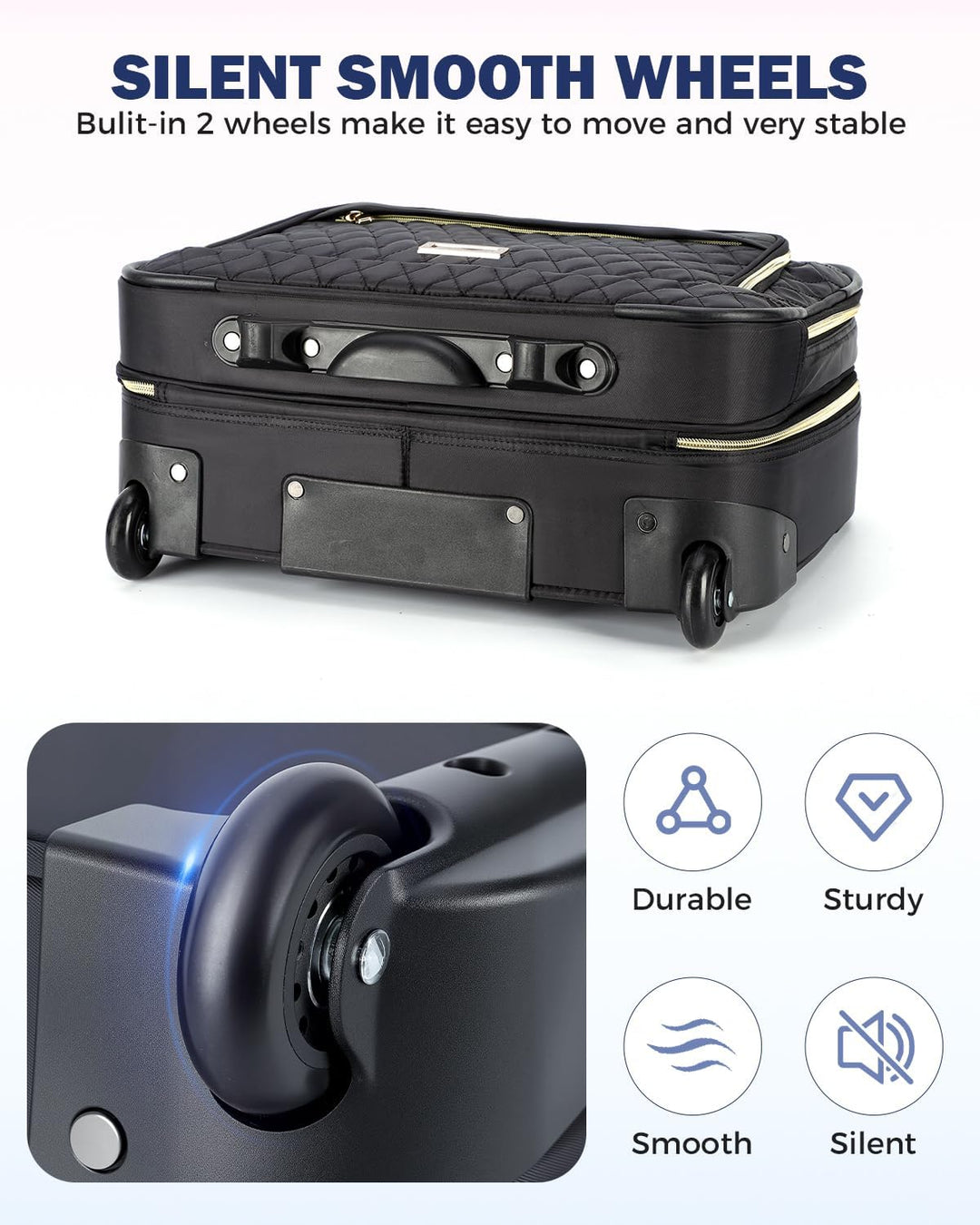 Robuster Laptop-Rollkoffer 15.6 Zoll mit ausziehbarem Griff und stabilen Rollen, perfekt als Handgepäck.