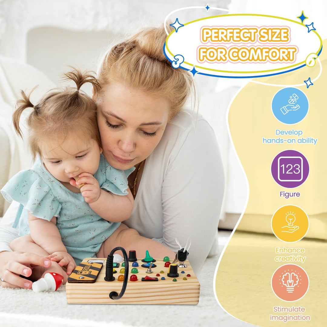 Nahansicht der leuchtenden LEDs auf der Montessori Lern-Pinnwand für Kleinkinder, Sensorik-Spielzeug.