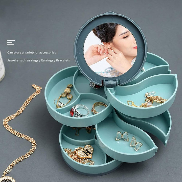 Platzsparender drehbarer Schmuck-Organizer mit vielen Fächern für Ohrringe, Armbänder und Haarschmuck.
