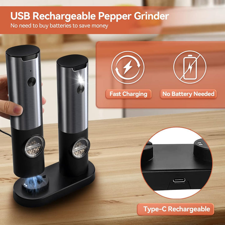 Wiederaufladbares elektrisches Mühlen-Set für Salz und Pfeffer, ideal zum Kochen in der Küche.