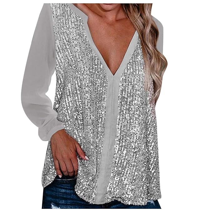 Damen Übergrößen Bluse, Pailletten, V-Ausschnitt, glitzernd, langärmlig, ideal für Feiern.