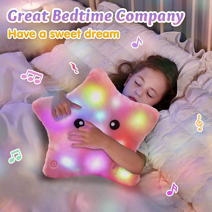 Buntes Regenbogen LED-Sternkissen, weiches Plüschtier & Nachtlicht für eine fröhliche Kinderzimmer-Deko.