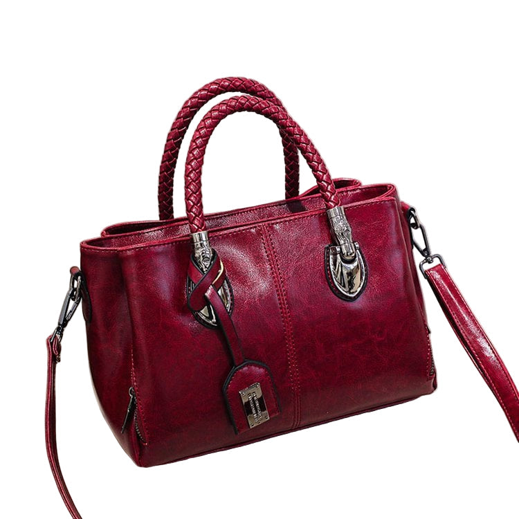 Klassische Rotwein Retro Damen Schultertasche aus Rindsleder, groß, mit Henkeln.