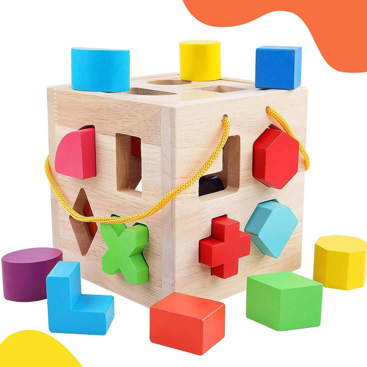 Montessori Holz-Lernwürfel für Kinder, mit Formen zum Sortieren und Farben entdecken, fördert Motorik.