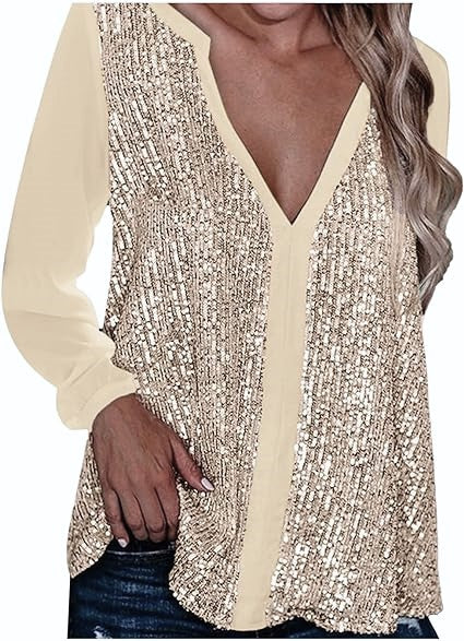 Damen Paillettenbluse in Übergröße mit V-Ausschnitt, glitzernder Stoff, perfekt für Silvester.