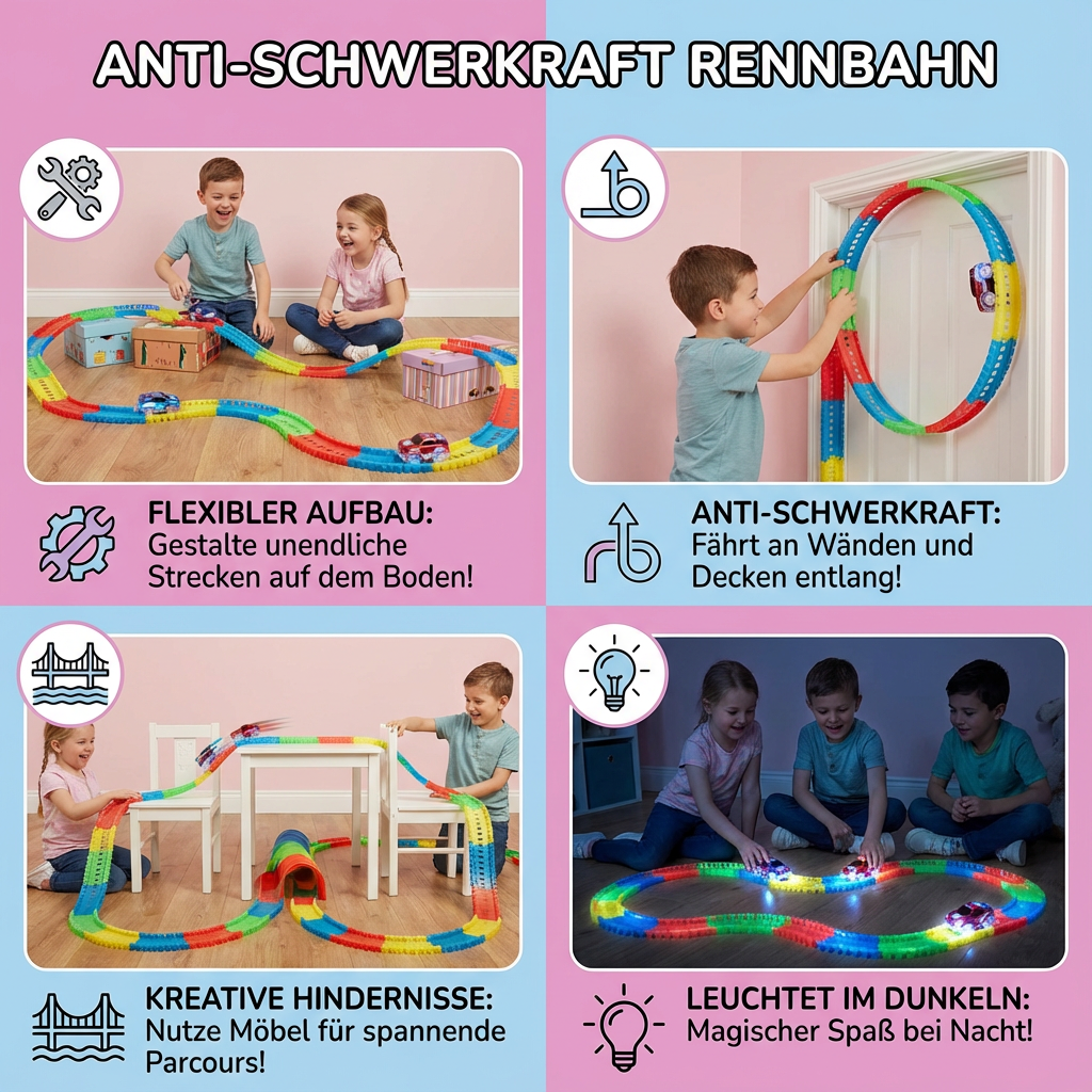 Die Anti-Schwerkraft Rennbahn, ein perfektes Geschenk für Jungen und Mädchen, fördert Kreativität & Spielspaß.