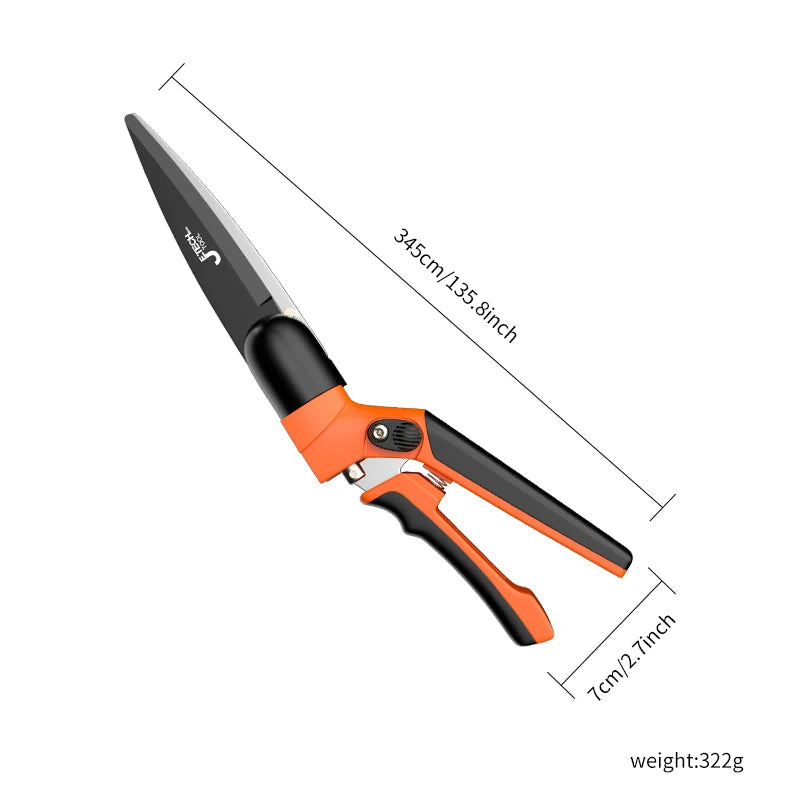 Hochwertige Baumschere mit SK5-Präzisionsklinge und ergonomischem Drehgriff für komfortablen Heckenschnitt.