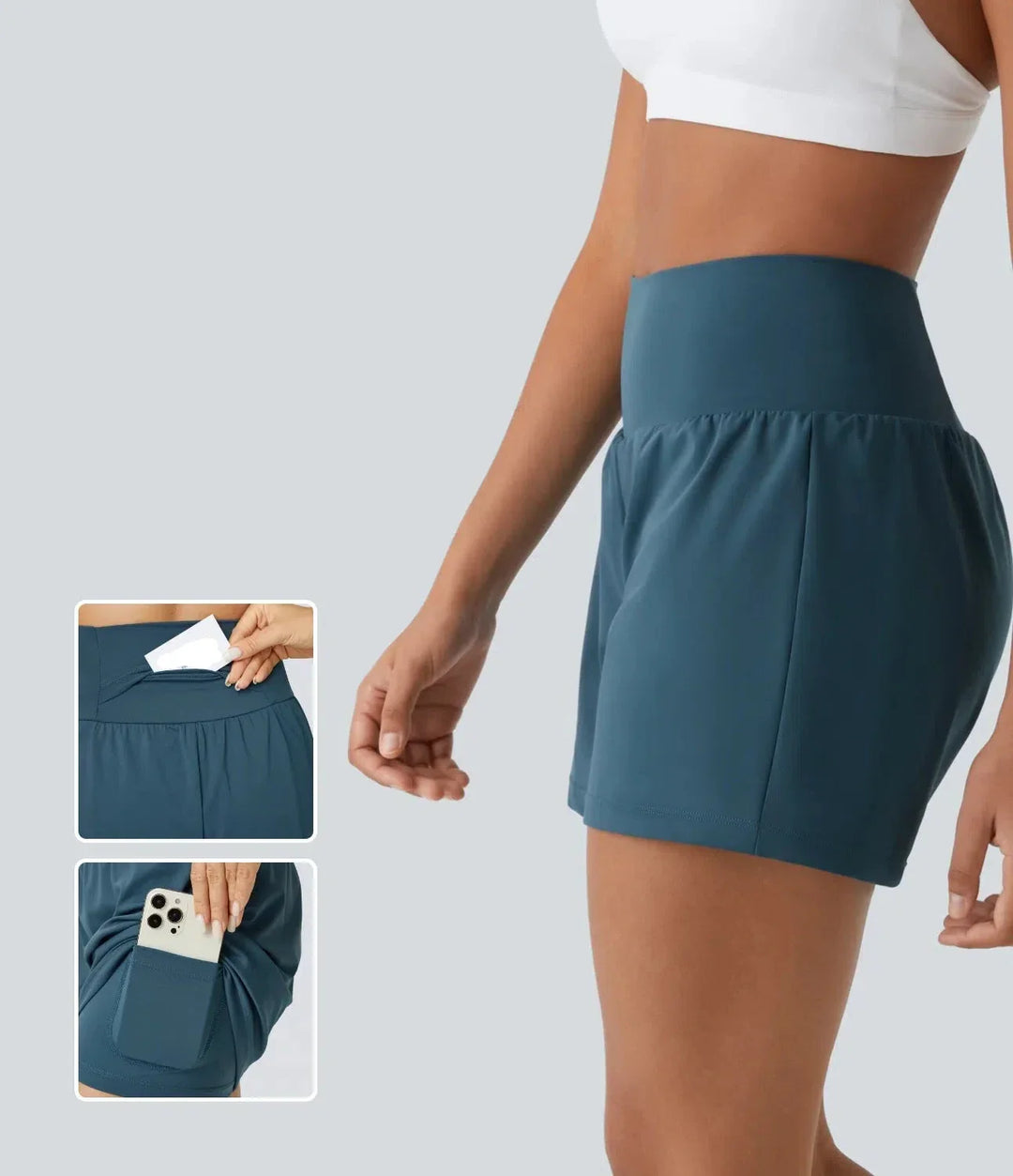 Sportliche Damen Laufshorts 2-in-1 mit hoher Taille und Taschen für Komfort & Performance.
