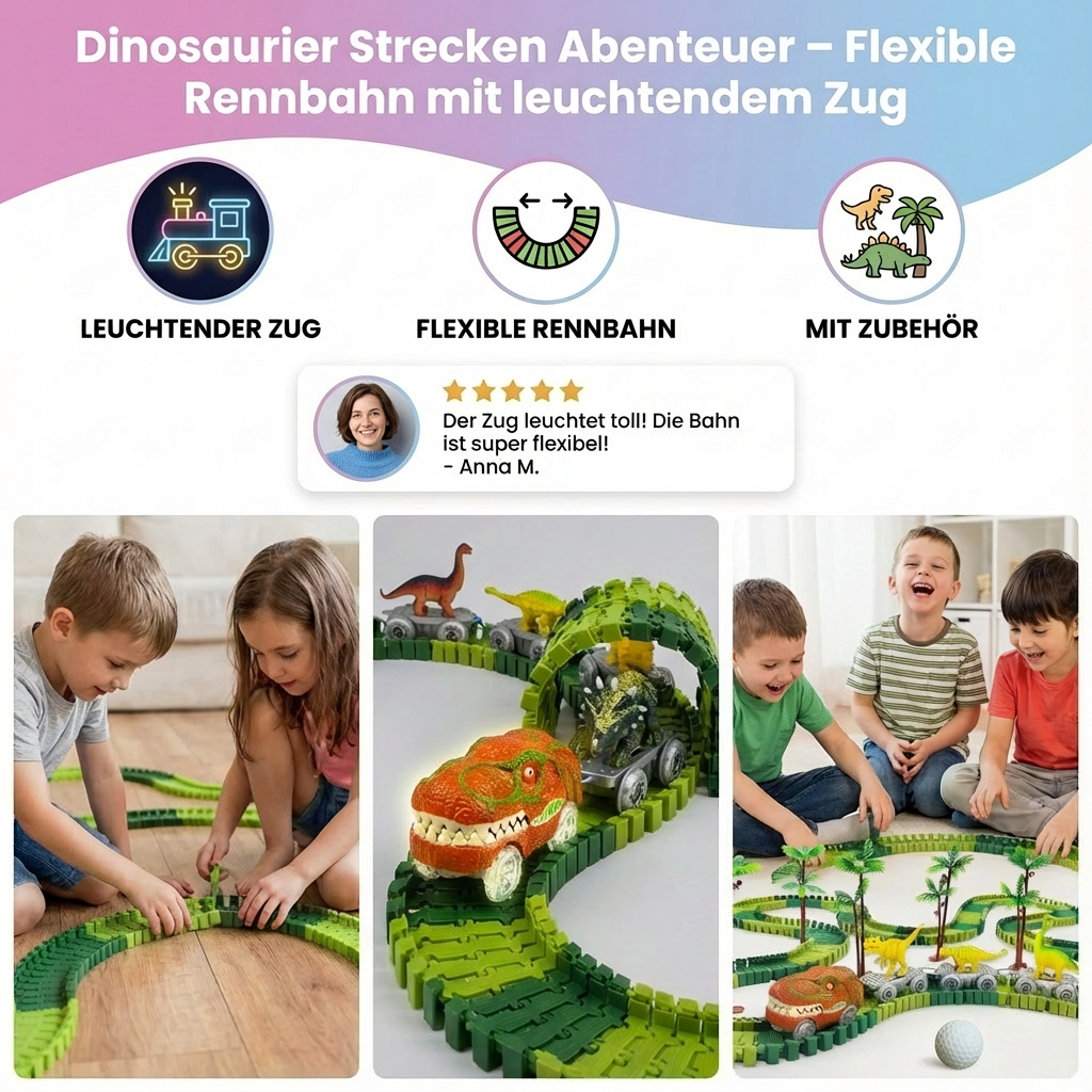 Kinder spielen mit flexibler Dinosaurier Rennbahn und Leuchtzug. Fördert Kreativität & Motorik beim Dinoabenteuer.