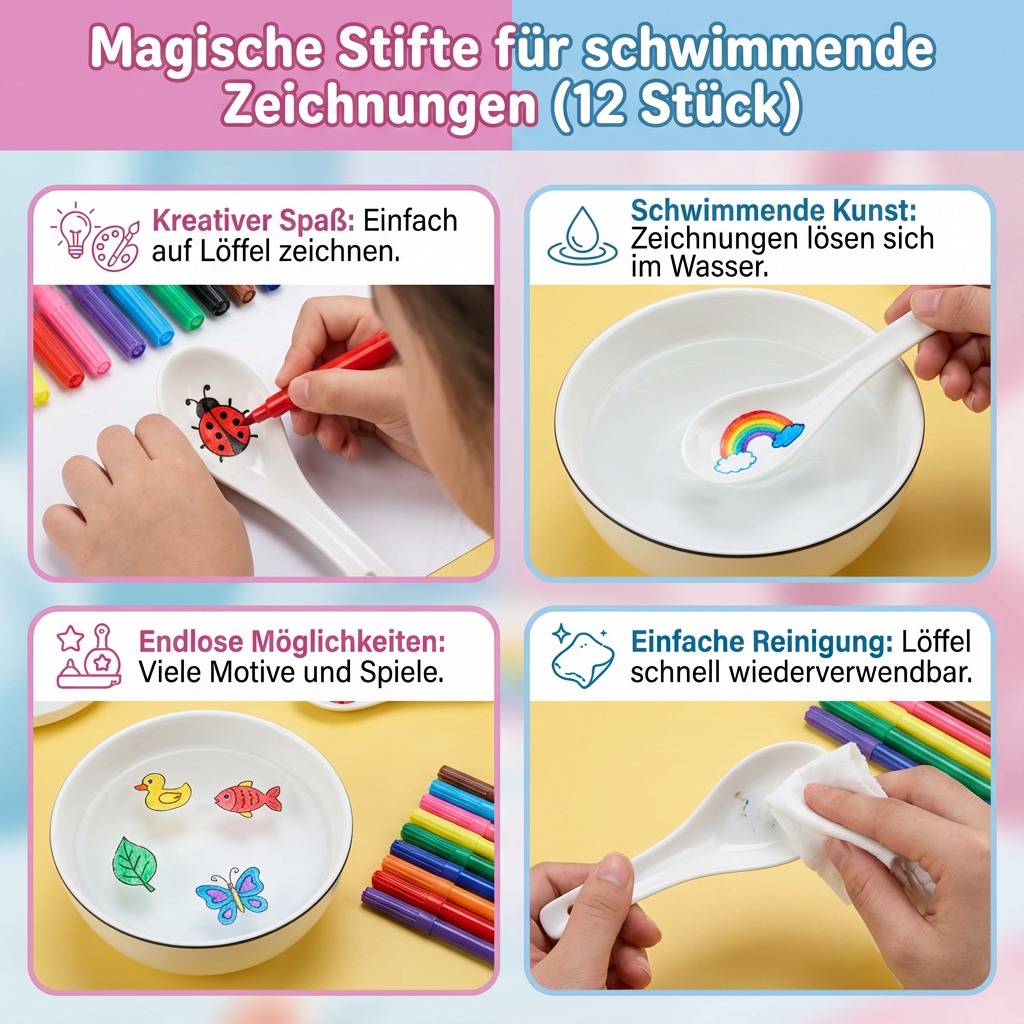 Geschenkidee für Kinder: Magisches Malset mit 12 Stiften für kreative, schwimmende Bilder & Badespaß.