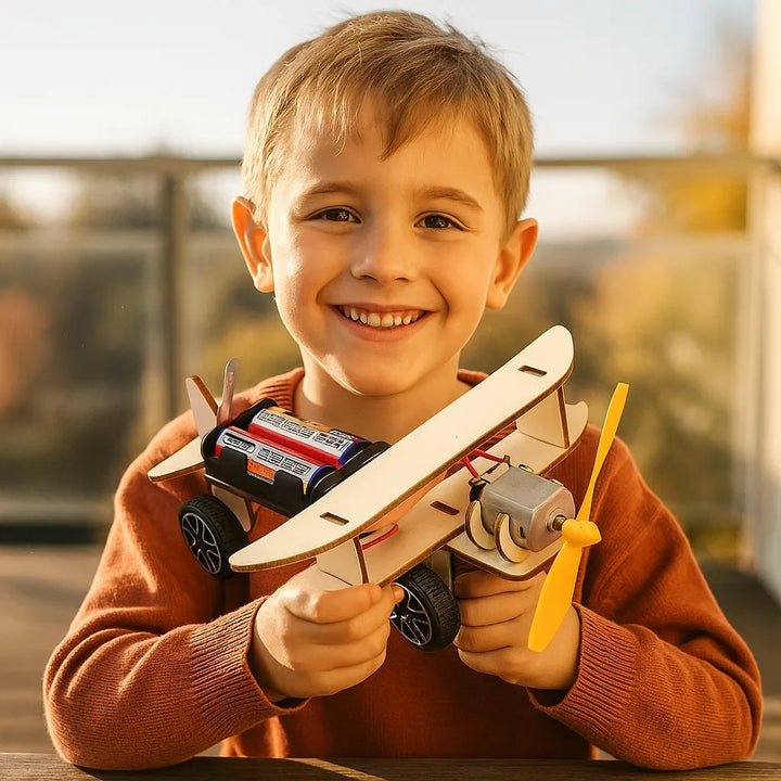 Zwei Kinder arbeiten zusammen am STEM-Baukasten, lernen Teamwork und Technik.
