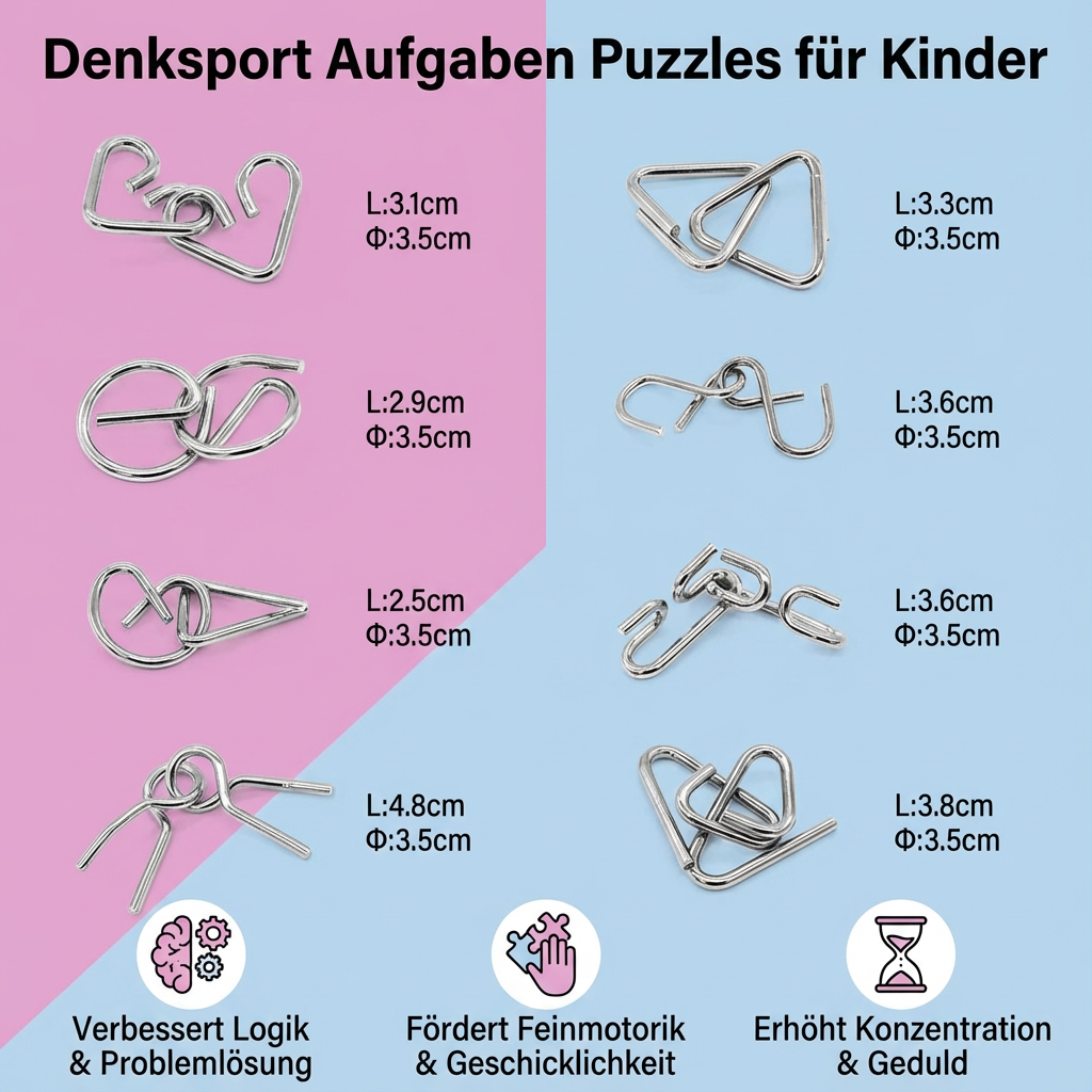 Kinder-Logikpuzzle aus Metall, verbessert Konzentration & kognitive Fähigkeiten; spannendes Denksport Rätsel zum Lernen.