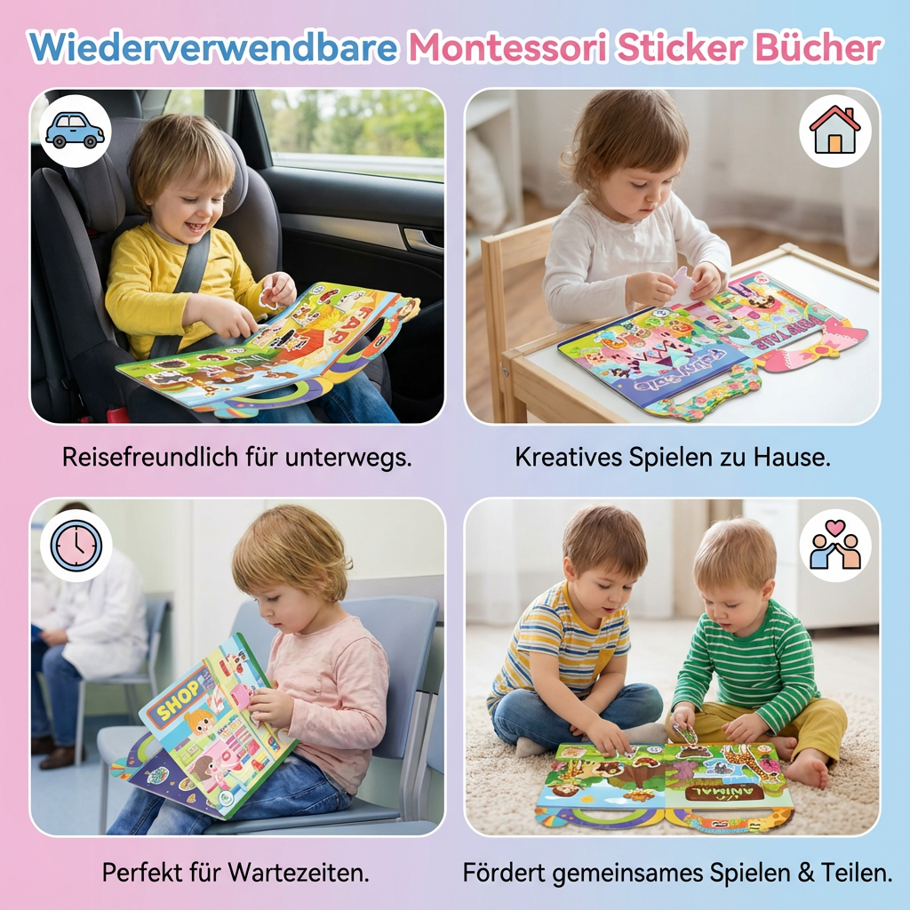 Glückliches Kind beim kreativen Rollenspiel mit einem wiederverwendbaren Montessori Stickerbuch.