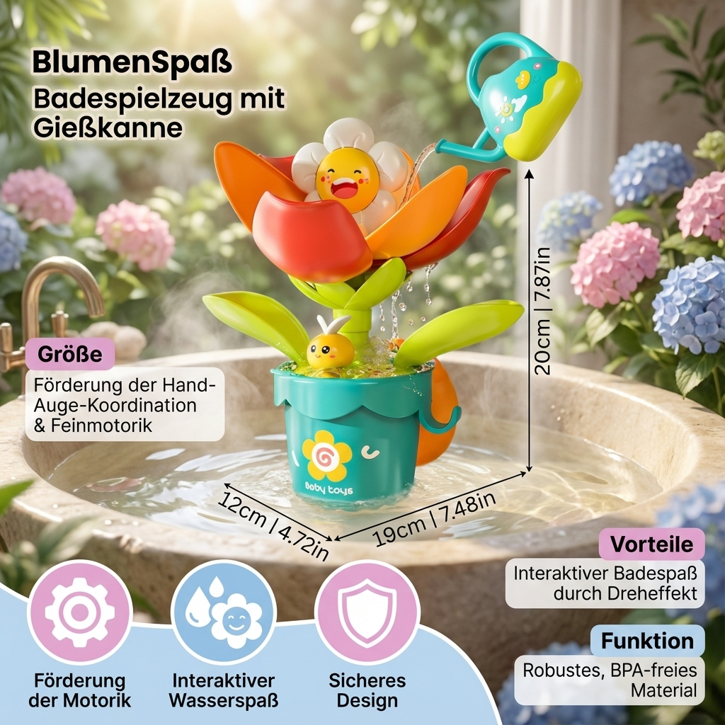 Komplettes Badespielzeug Set für Kinder und Babys: Gießkanne und Blumen sorgen für Unterhaltung beim Bad.