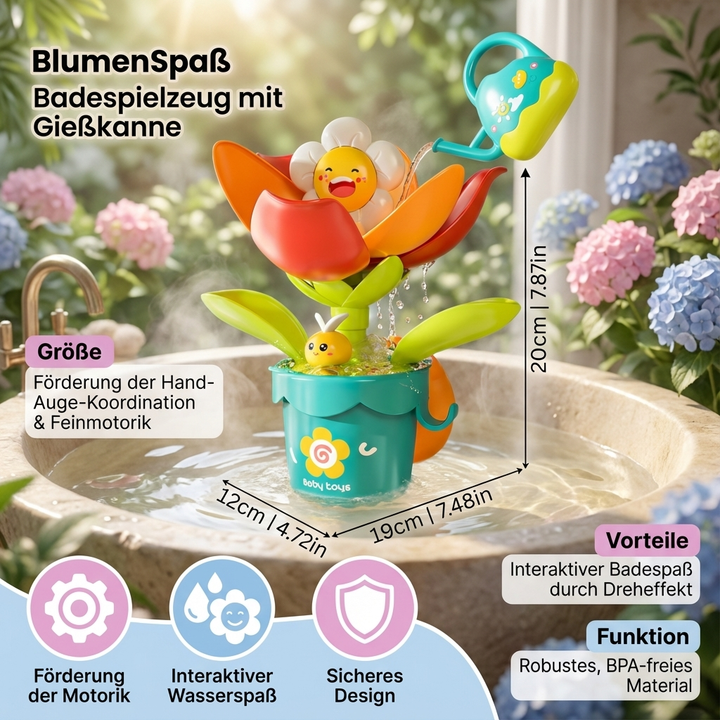 Komplettes Badespielzeug Set für Kinder und Babys: Gießkanne und Blumen sorgen für Unterhaltung beim Bad.