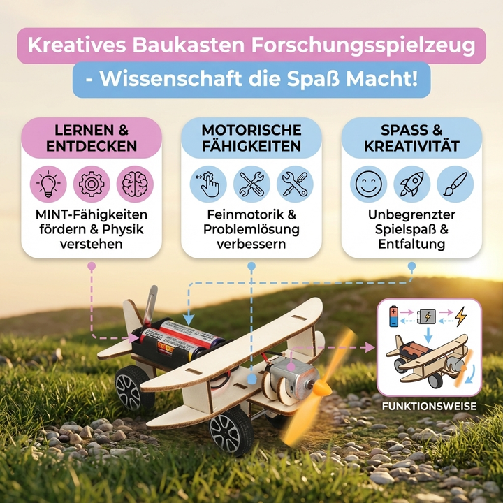Komponenten des Experimentierkastens: Zahnräder, Rohre, Hebel für junge Forscher.