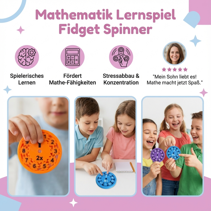 Lernspiel Fidget Spinner Mathematik: Kinder üben spielerisch Rechnen, Zahlen und Konzentration. Tolles Schulmaterial.