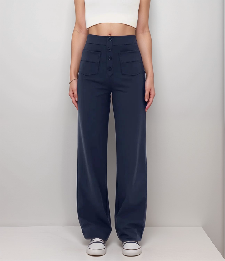 Elegante Damen High Waist Hose, dehnbar, figurformend mit weitem Bein. Ideal für den Alltag.