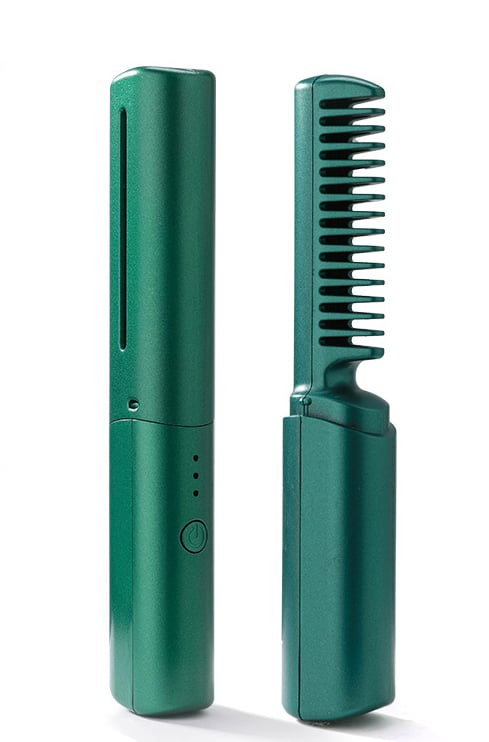 Kabelloser, mobiler Glättkamm mit Keramikplatten, ideal für Reisen und flexibles Haarstyling.