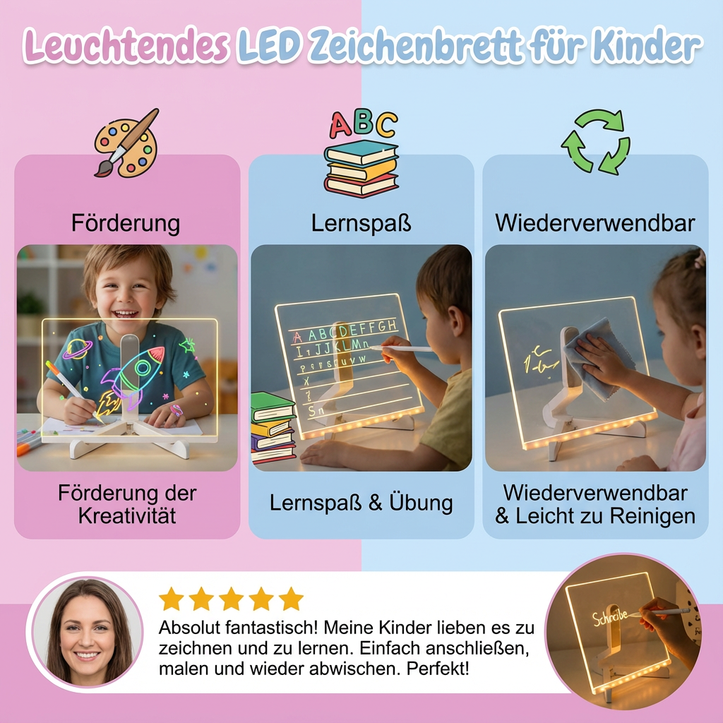 Modernes Kinder LED Zeichenbrett mit leuchtender Oberfläche für stundenlangen Malspaß. Perfektes Kreativspielzeug.