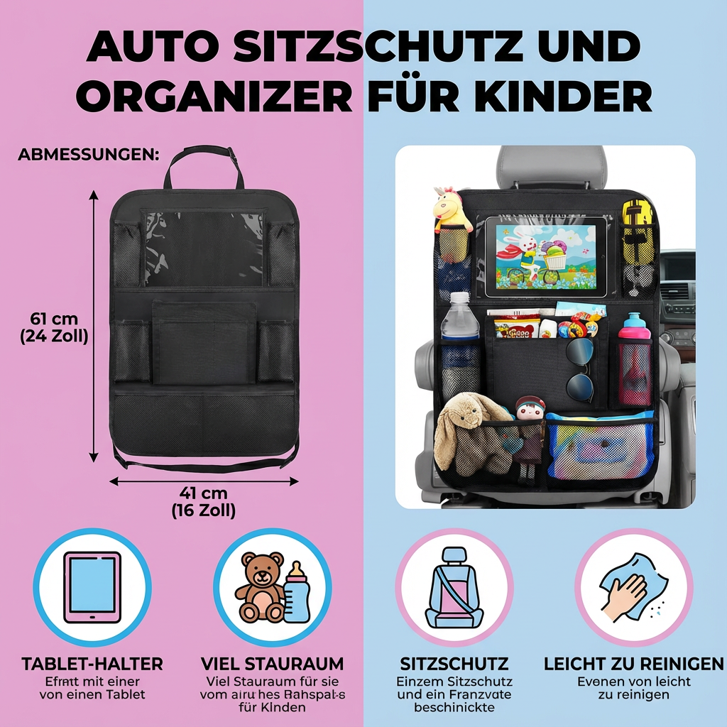 Stabiler Autositzschutz mit Netztaschen und Fächern für Getränke & Tablets. Hält das Auto sauber und Kinder unterhalten.