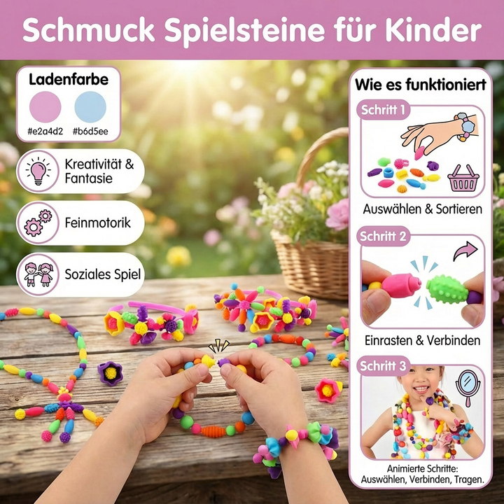 Set bunter Schmuck-Stecksteine in verschiedenen Formen & Farben für Kinder.
