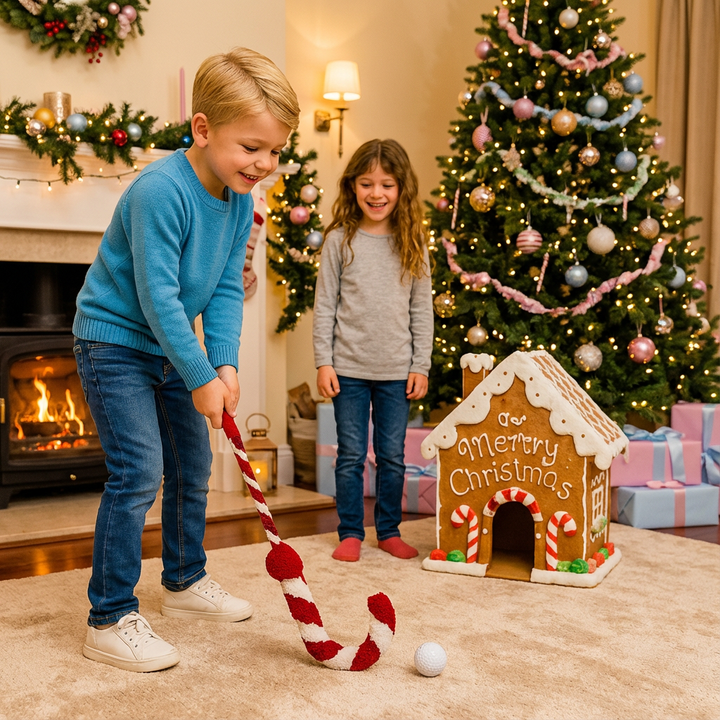 Weihnachtliches Lebkuchen Golfspiel, Set mit Schlägern und Bällen für festlichen Indoor-Spaß für die Familie.
