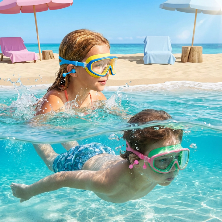 Verstellbare Schwimmbrille für Kinder, mit großem Sichtfeld und UV-Schutz, ideal für Wassersport.