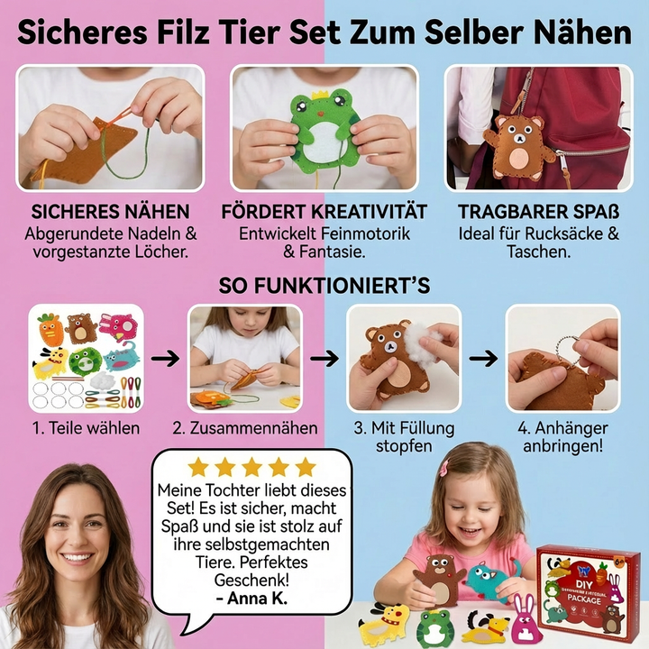 Kreatives Geschenk für Kinder: DIY Filztiere Nähset, ideal zum Basteln & Spielen.